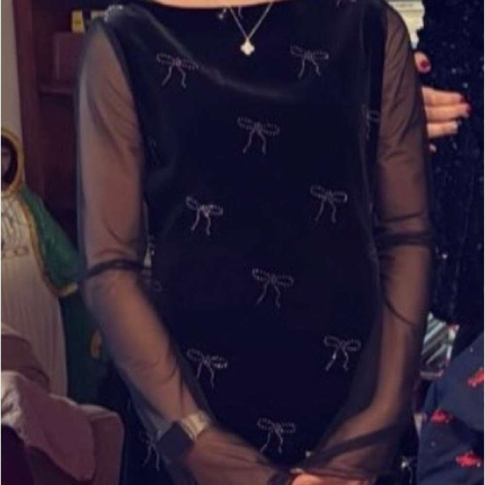 Black Mesh-Sleeve Dress with Embellished Bows